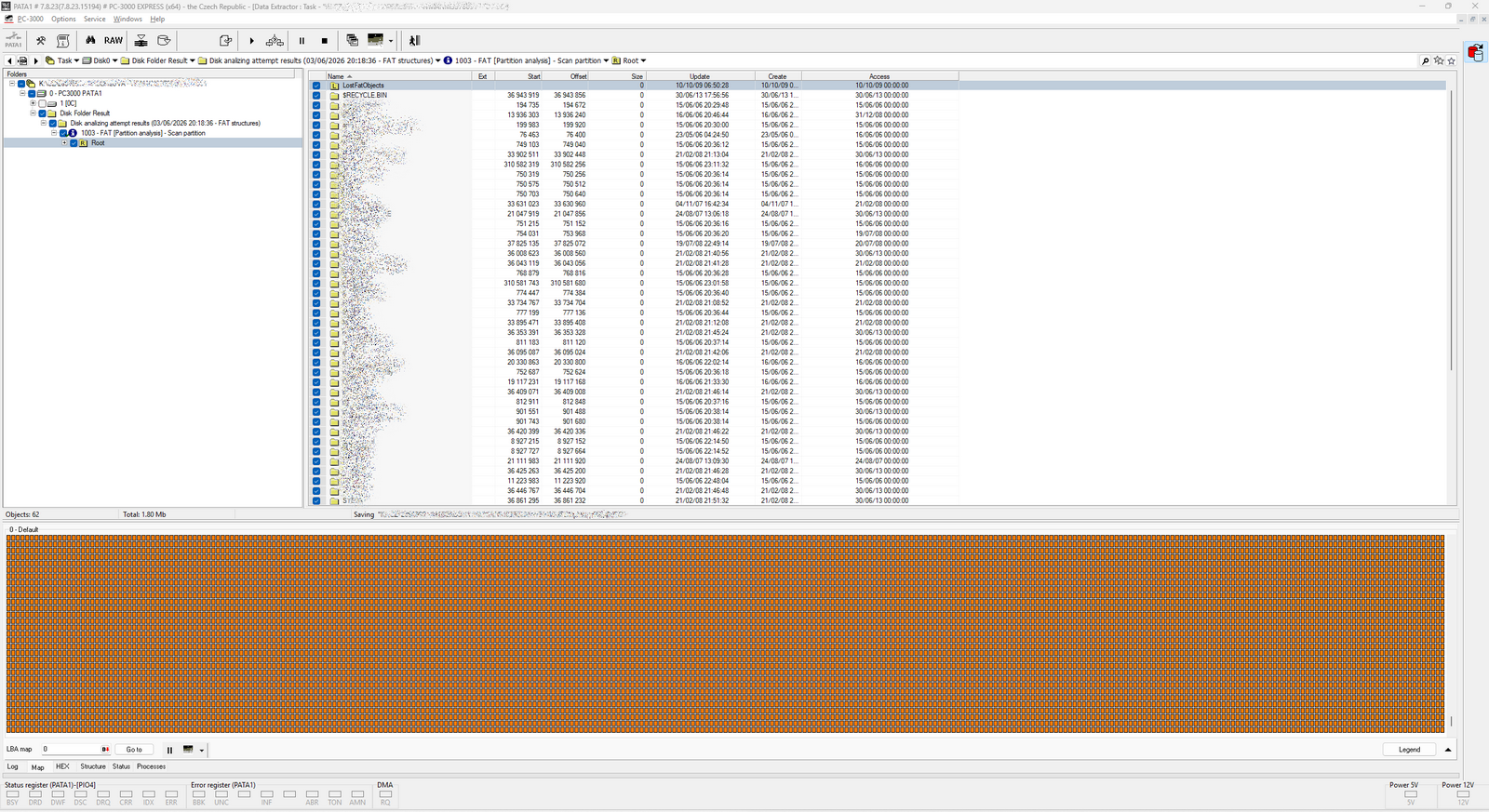 Souhrn obnovených souborů z disku WD v Data Extractoru PC-3000